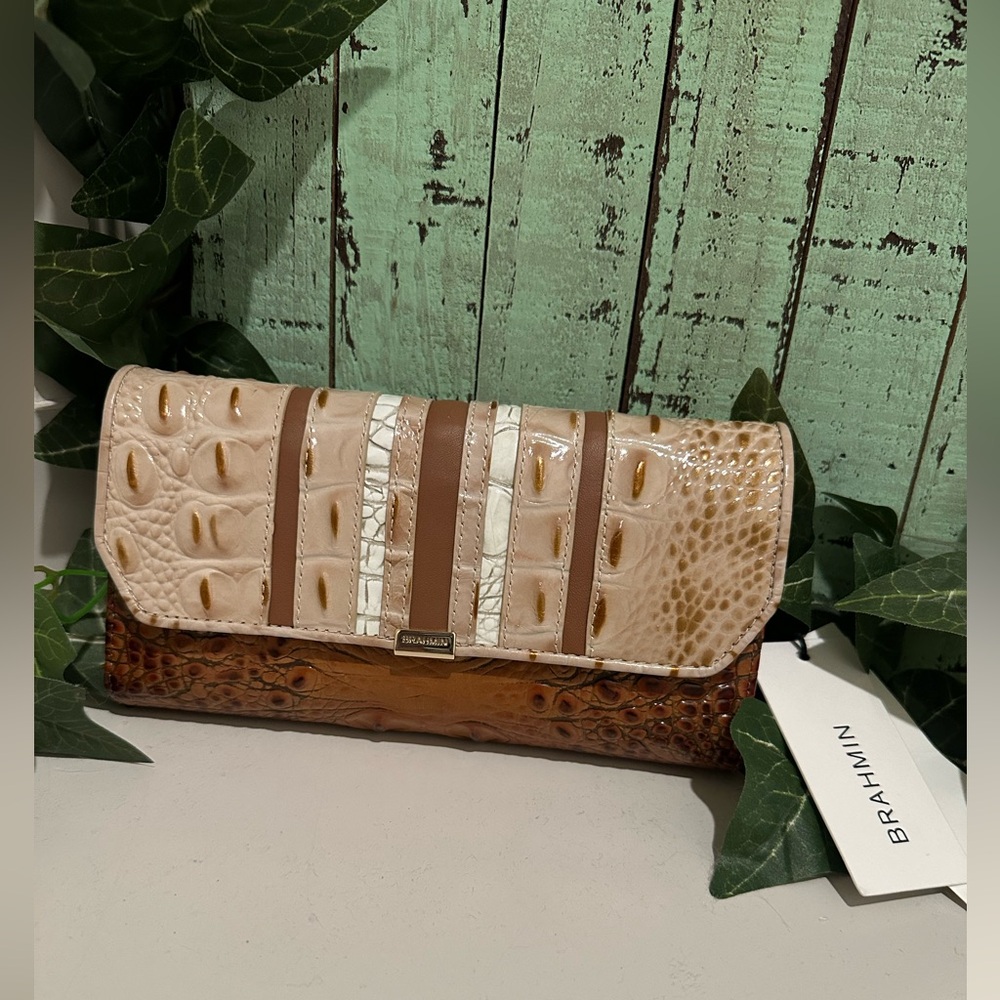 Brahmin Cream and Brown Croc-Embossed Foldover Clutch